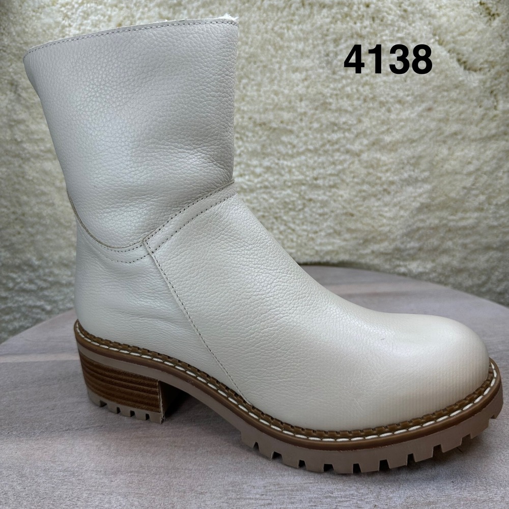 Bertuchi Cream Leather Fur Lined Lug Sole Ankle Boots Womens 9 Spain